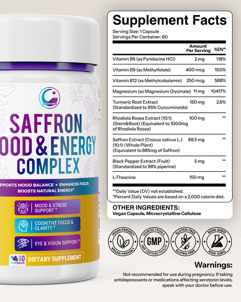 Legrano Saffron Mood & Energy Complex supplement facts — full ingredient list with Saffron Extract 88.5 mg, Rhodiola Rosea, L-Theanine, Turmeric, B vitamins and Magnesium