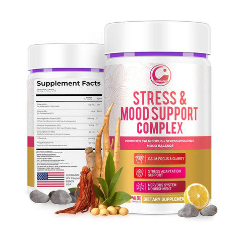 Legrano Stress and Mood Support Complex supplement bottle — 90 capsules with Ashwagandha KSM-66, L-Theanine and Magnesium Glycinate