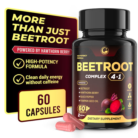 Beet Root Complex Supplement with Beetroot Extract, Hawthorn Berry Extract, Black Pepper Extract & Pumpkin Seed Oil, 60 Vegan Capsules