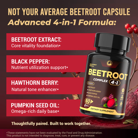 Beet Root Complex Supplement with Beetroot Extract, Hawthorn Berry Extract, Black Pepper Extract & Pumpkin Seed Oil, 60 Vegan Capsules