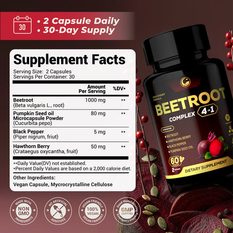 Beet Root Complex Supplement with Beetroot Extract, Hawthorn Berry Extract, Black Pepper Extract & Pumpkin Seed Oil, 60 Vegan Capsules
