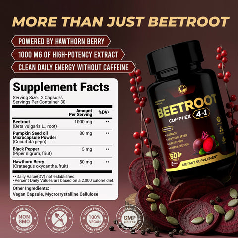 Beet Root Complex Supplement with Beetroot Extract, Hawthorn Berry Extract, Black Pepper Extract & Pumpkin Seed Oil, 60 Vegan Capsules