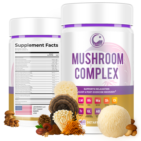 Legrano Evening Mushroom Complex supplement bottle — 60 capsules with Ashwagandha 20:1, Reishi, L-Theanine and probiotics for relaxation and sleep