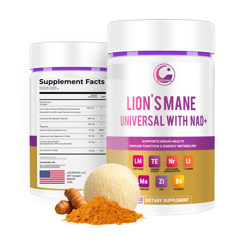 Legrano Lions Mane Universal supplement bottle — 60 capsules with Lion's Mane 10:1 extract, NAD+ Nicotinamide Riboside, L-Theanine and Turmeric