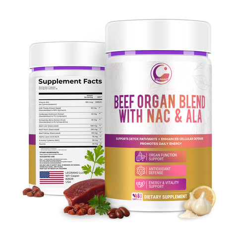 Legrano Beef Organ Blend supplement bottle — 60 capsules with grass-fed beef liver, heart and kidney, NAC and ALA