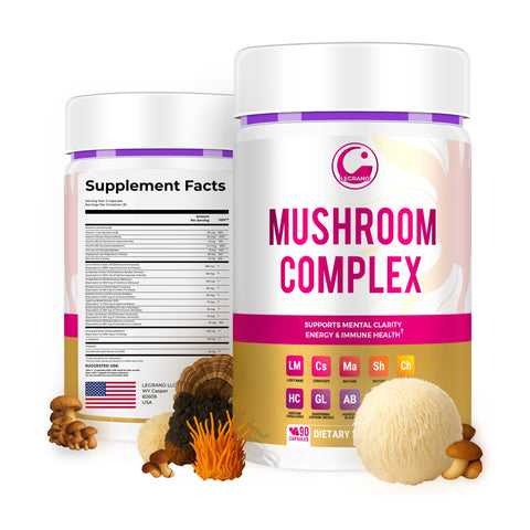 Legrano Morning Mushroom Complex supplement bottle — 90 capsules with 9 adaptogenic mushroom extracts, Ginseng, L-Theanine and probiotics