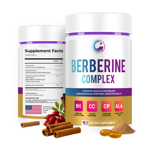 Legrano Berberine Complex supplement bottle — 60 capsules with Berberine HCl 900mg, Ceylon Cinnamon, ALA and Chromium