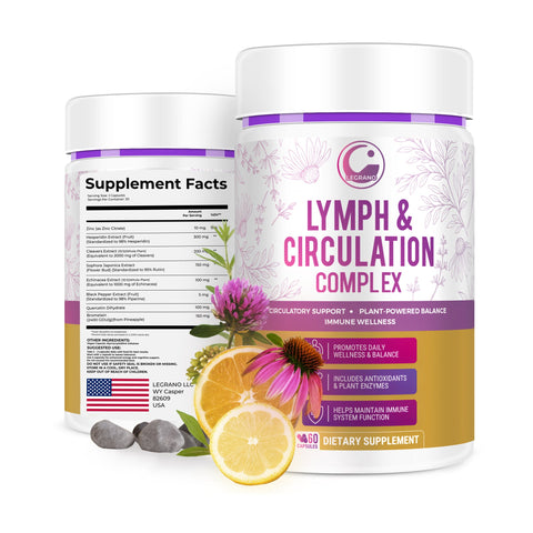 Legrano Lymphatic Drainage Complex supplement bottle — 60 capsules with Hesperidin, Rutin, Quercetin, Bromelain and Cleavers