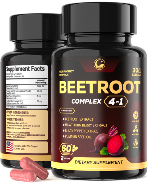 Beet Root Complex Supplement with Beetroot Extract, Hawthorn Berry Extract, Black Pepper Extract & Pumpkin Seed Oil, 60 Vegan Capsules
