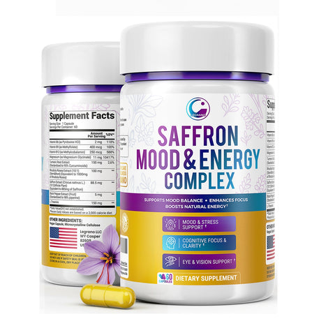 Legrano Saffron Mood and Energy Complex supplement bottle — 60 capsules with Saffron, L-Theanine, Rhodiola, Turmeric and Magnesium