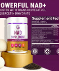 Legrano NAD Supplement facts — 500mg Nicotinamide Riboside, 200mg Trans-Resveratrol, 200mg Quercetin Dihydrate, 300mg Lion's Mane and Black Pepper extract per serving