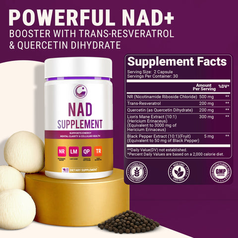 Legrano NAD Supplement facts — 500mg Nicotinamide Riboside, 200mg Trans-Resveratrol, 200mg Quercetin Dihydrate, 300mg Lion's Mane and Black Pepper extract per serving