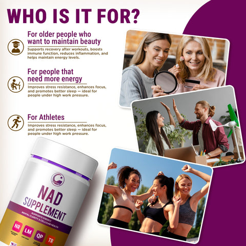 Legrano NAD Supplement target audience — for older adults maintaining vitality, people needing more energy and focus, and athletes improving recovery