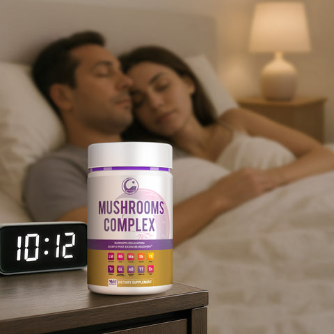 Legrano Evening Mushroom Complex on nightstand with couple sleeping — nighttime supplement for relaxation, sleep and recovery