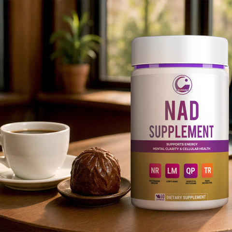 Legrano NAD Supplement bottle on table with coffee — lifestyle shot of 60-capsule cellular energy and brain health formula