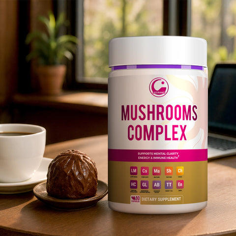 Legrano Morning Mushroom Complex bottle on a wooden desk with coffee — 90-capsule supplement for mental clarity, energy and immune health